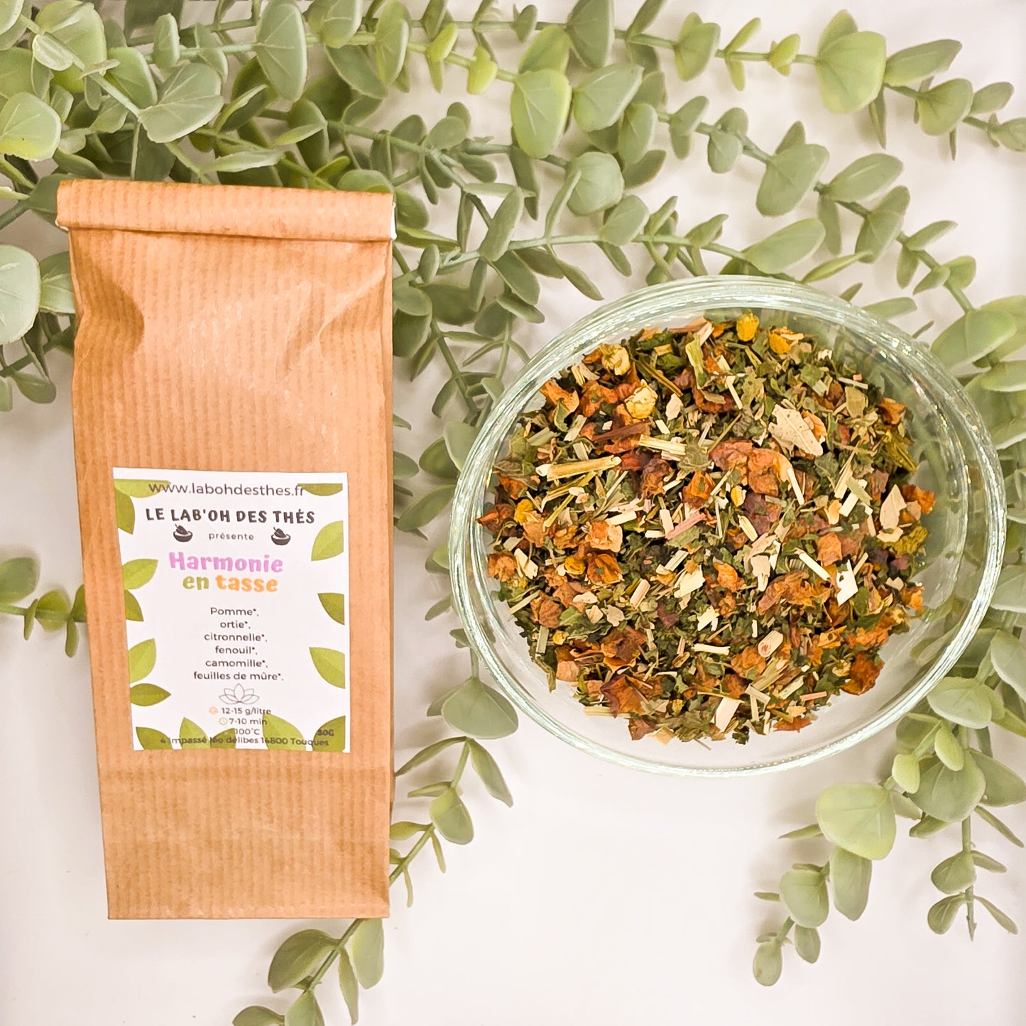 Harmonie en Tasse infusion en sachet et vrac – pomme ortie citronnelle fenouil camomille sans théine – Le Lab'oh des Thés