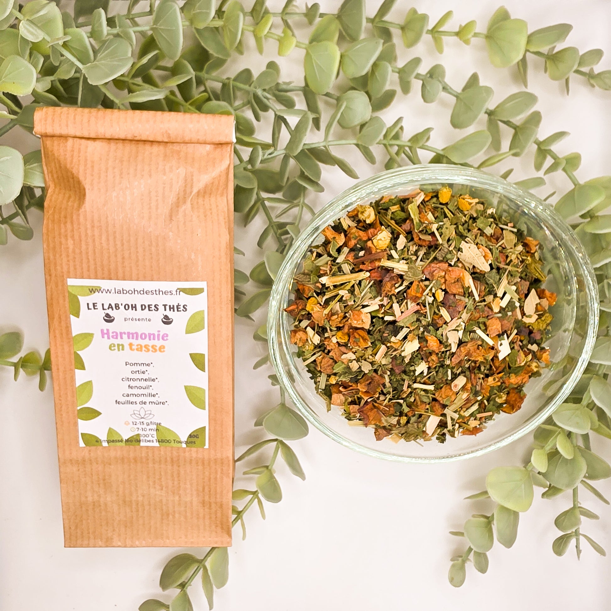 Harmonie en Tasse infusion en sachet et vrac – pomme ortie citronnelle fenouil camomille sans théine – Le Lab'oh des Thés