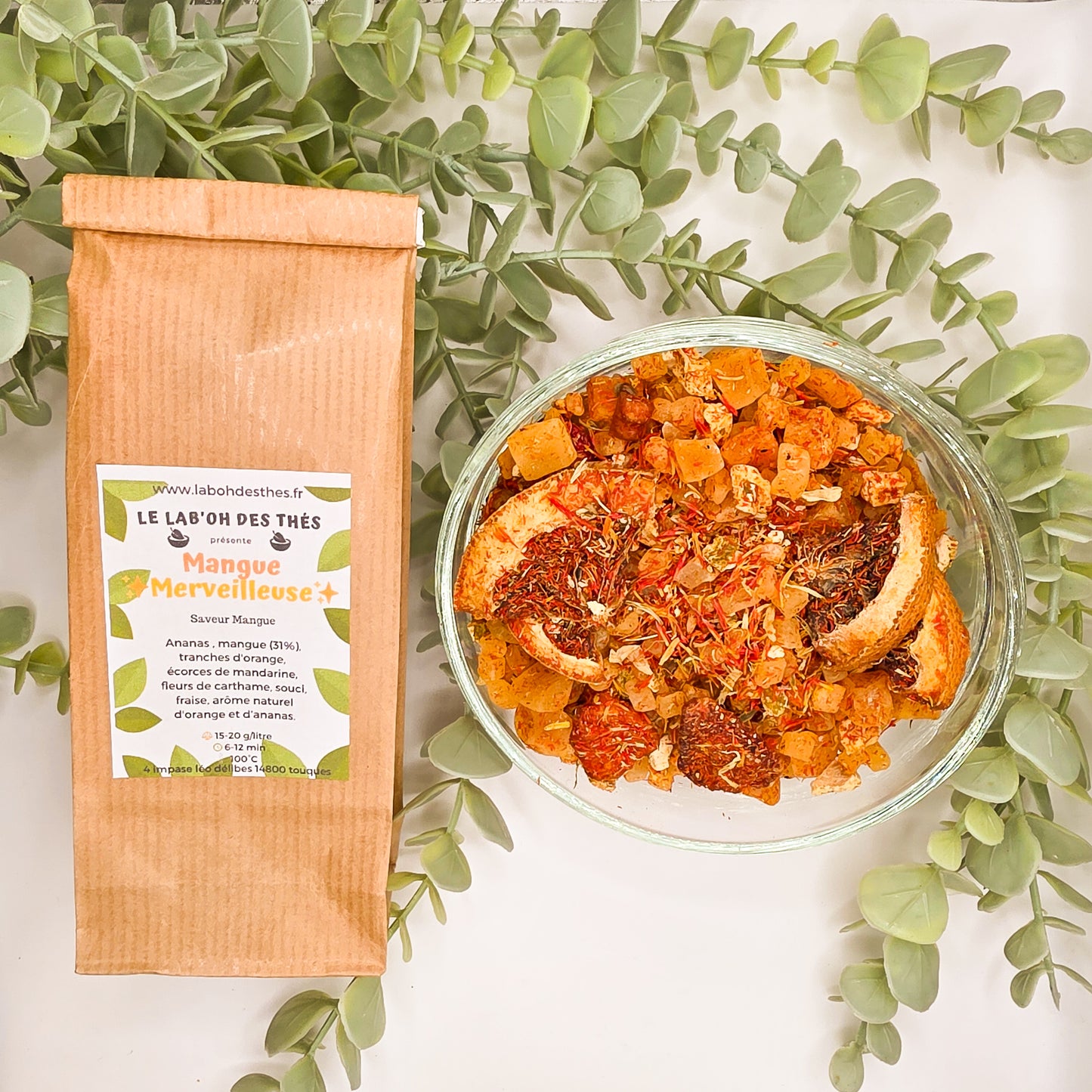 Infusion Mangue Merveilleuse en sachet et vrac – mangue ananas orange mandarine fraise fleurs de carthame souci – Le Lab'oh des Thés