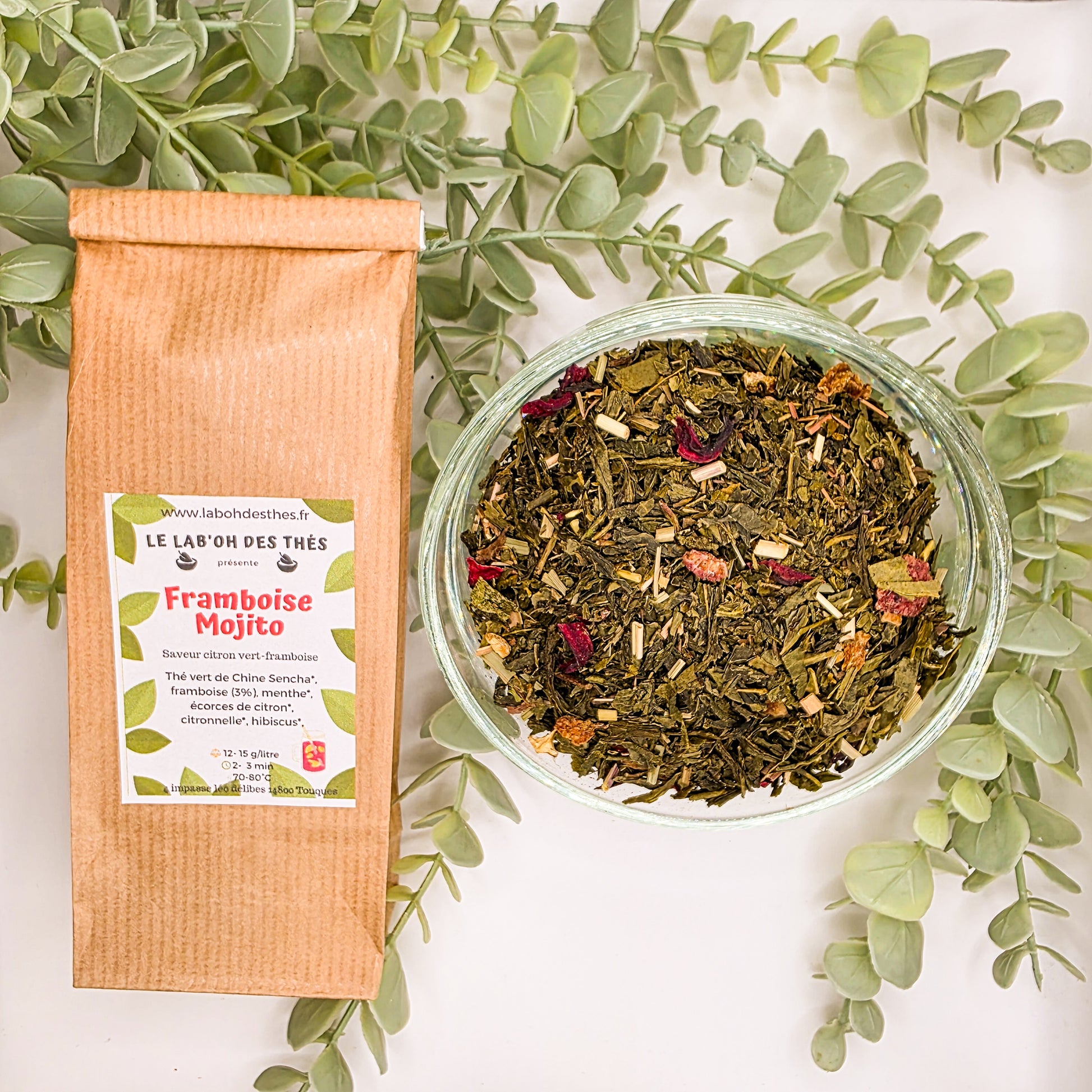 Thé Vert Framboise Mojito en sachet et vrac – Sencha citronnelle menthe framboise hibiscus écorces de citron – Le Lab'oh des Thés