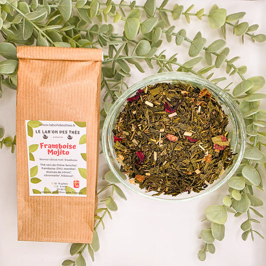 Thé Vert Framboise Mojito en sachet et vrac – Sencha citronnelle menthe framboise hibiscus écorces de citron – Le Lab'oh des Thés