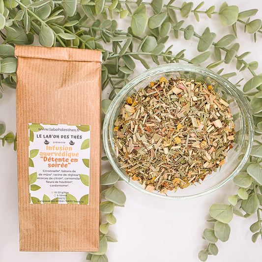 Infusion Ayurvédique Détente en Soirée en sachet et vrac – citronnelle camomille houblon cannelle réglisse citron cardamome – Le Lab'oh des Thés