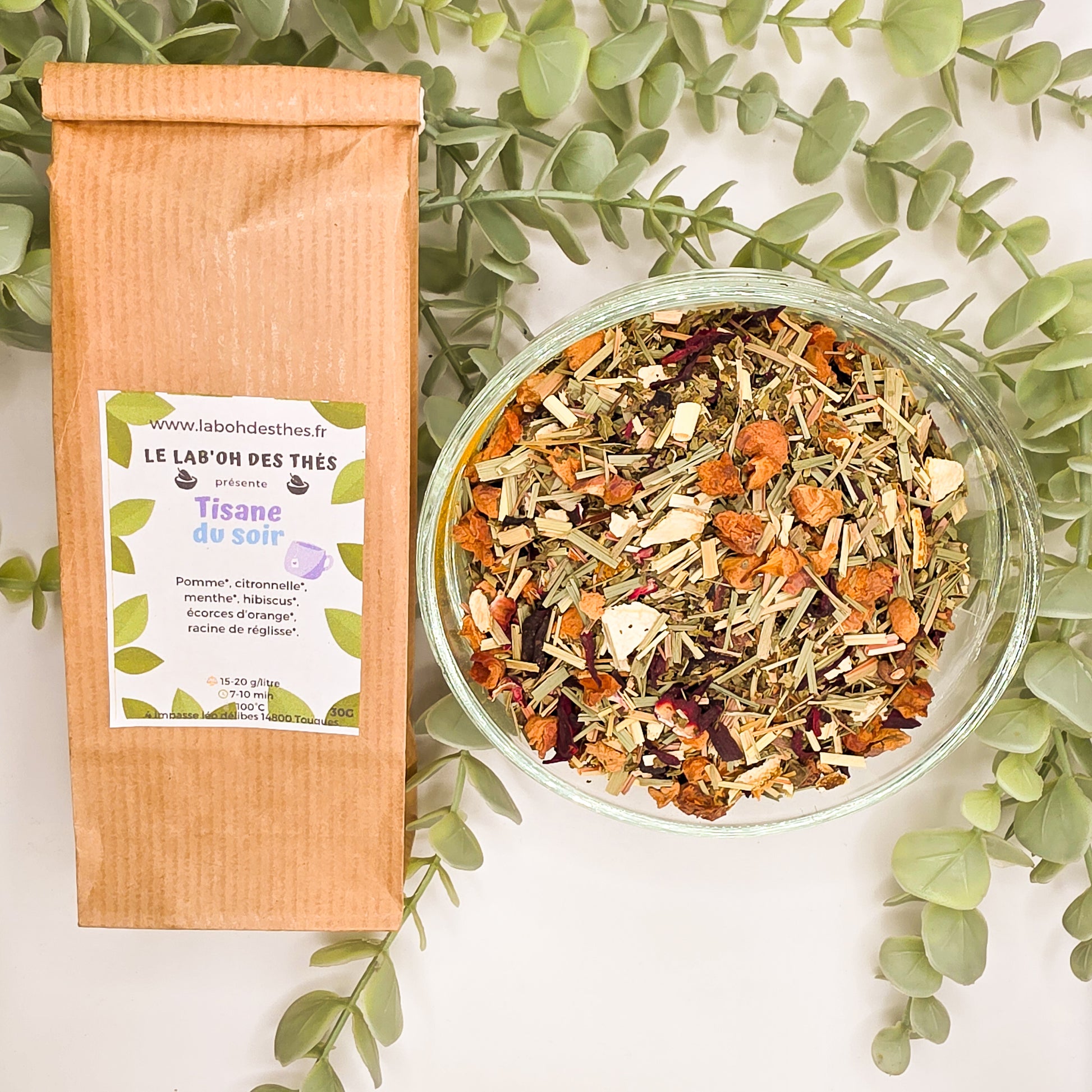 Tisane du Soir en sachet et vrac – pomme menthe citronnelle hibiscus écorces d'orange réglisse sans théine – Le Lab'oh des Thés