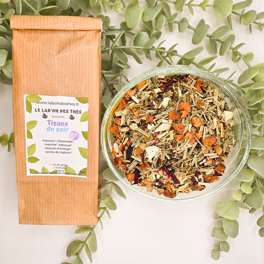Tisane du Soir en sachet et vrac – pomme menthe citronnelle hibiscus écorces d'orange réglisse sans théine – Le Lab'oh des Thés