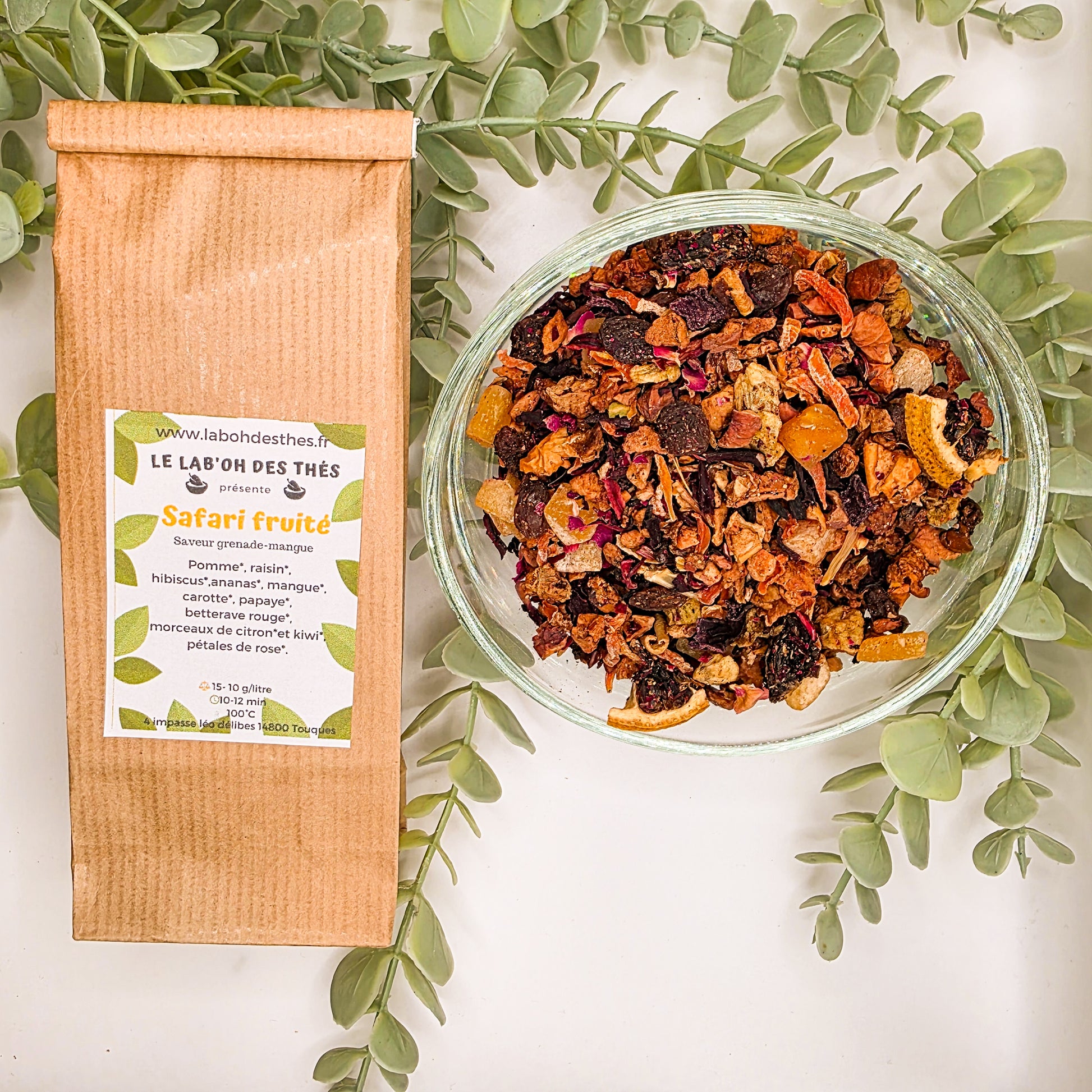 Tisane Safari Fruité en sachet et vrac – mangue ananas papaye kiwi hibiscus sans théine – Le Lab'oh des Thés