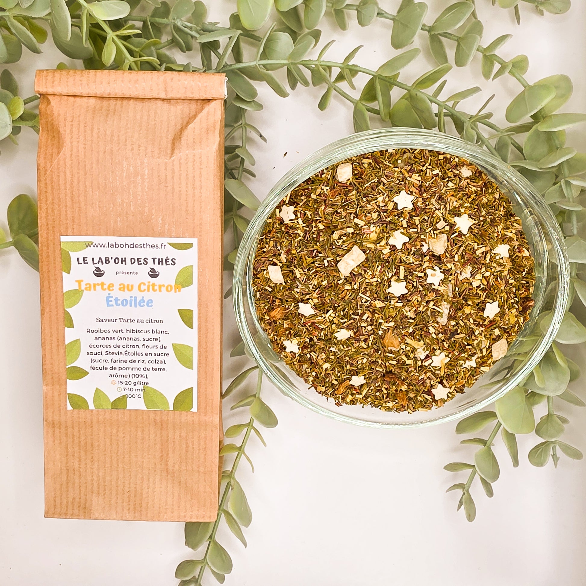  Tarte au Citron Étoilée rooibos vert en sachet et vrac – citron ananas hibiscus blanc étoiles de sucre sans théine – Le Lab'oh des Thés