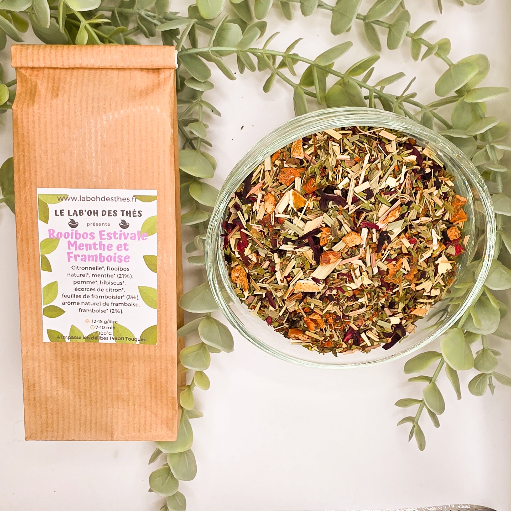 Rooibos Estivale Menthe Framboise en sachet et vrac – rooibos menthe citronnelle pomme hibiscus framboise écorces de citron – Le Lab'oh des Thés