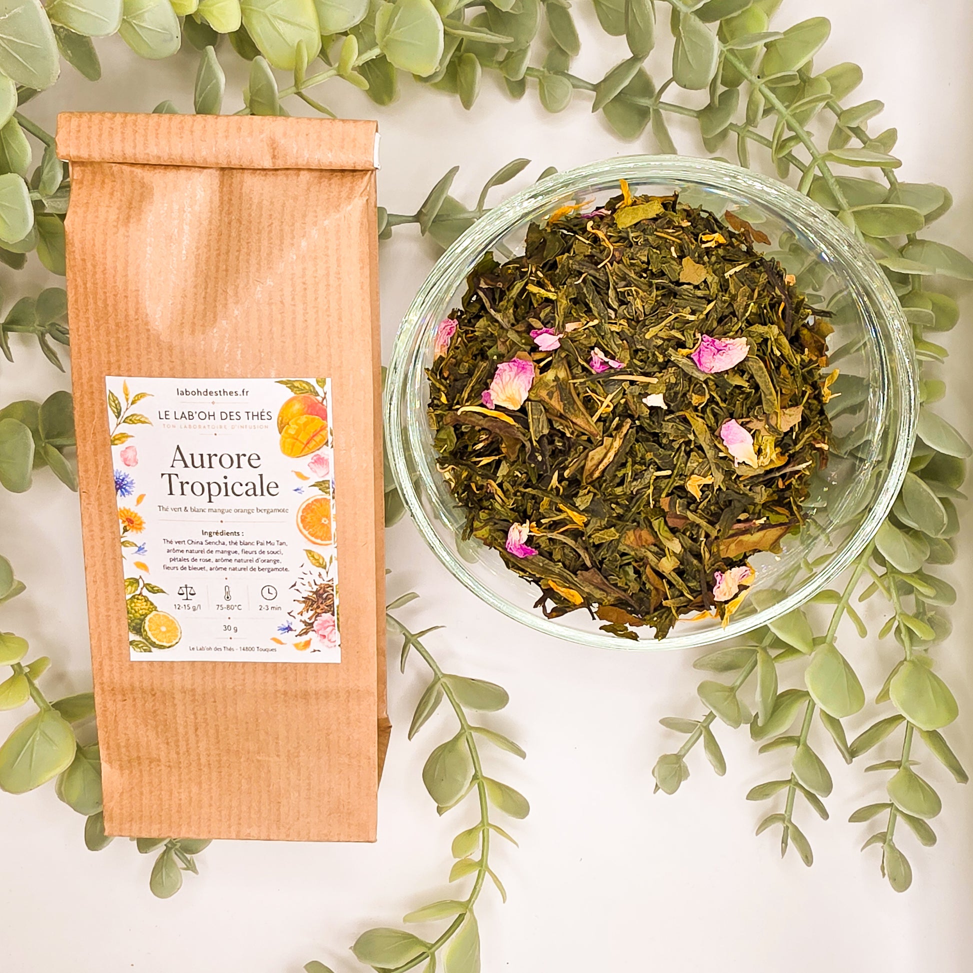 Aurore Tropicale thé vert et blanc en sachet et vrac – mangue orange bergamote fleurs de souci pétales de rose – Le Lab'oh des Thés