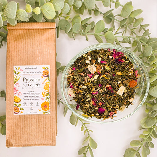 Passion Givrée thé vert en sachet et vrac – fruit de la passion citron ananas papaye citronnelle – Le Lab'oh des Thés