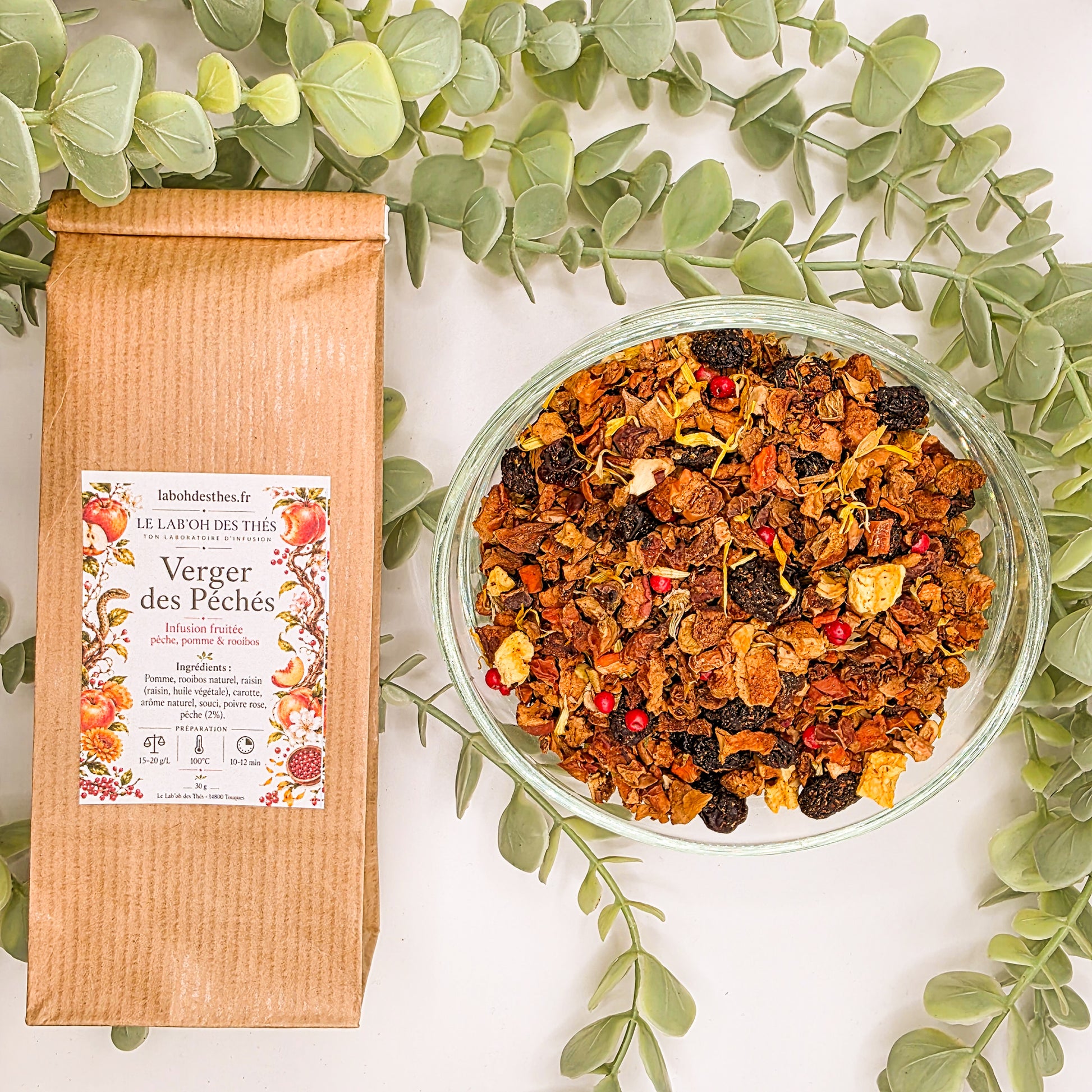 Verger des Péchés infusion fruitée en sachet et vrac – pêche pomme raisin rooibos poivre rose sans théine – Le Lab'oh des Thés