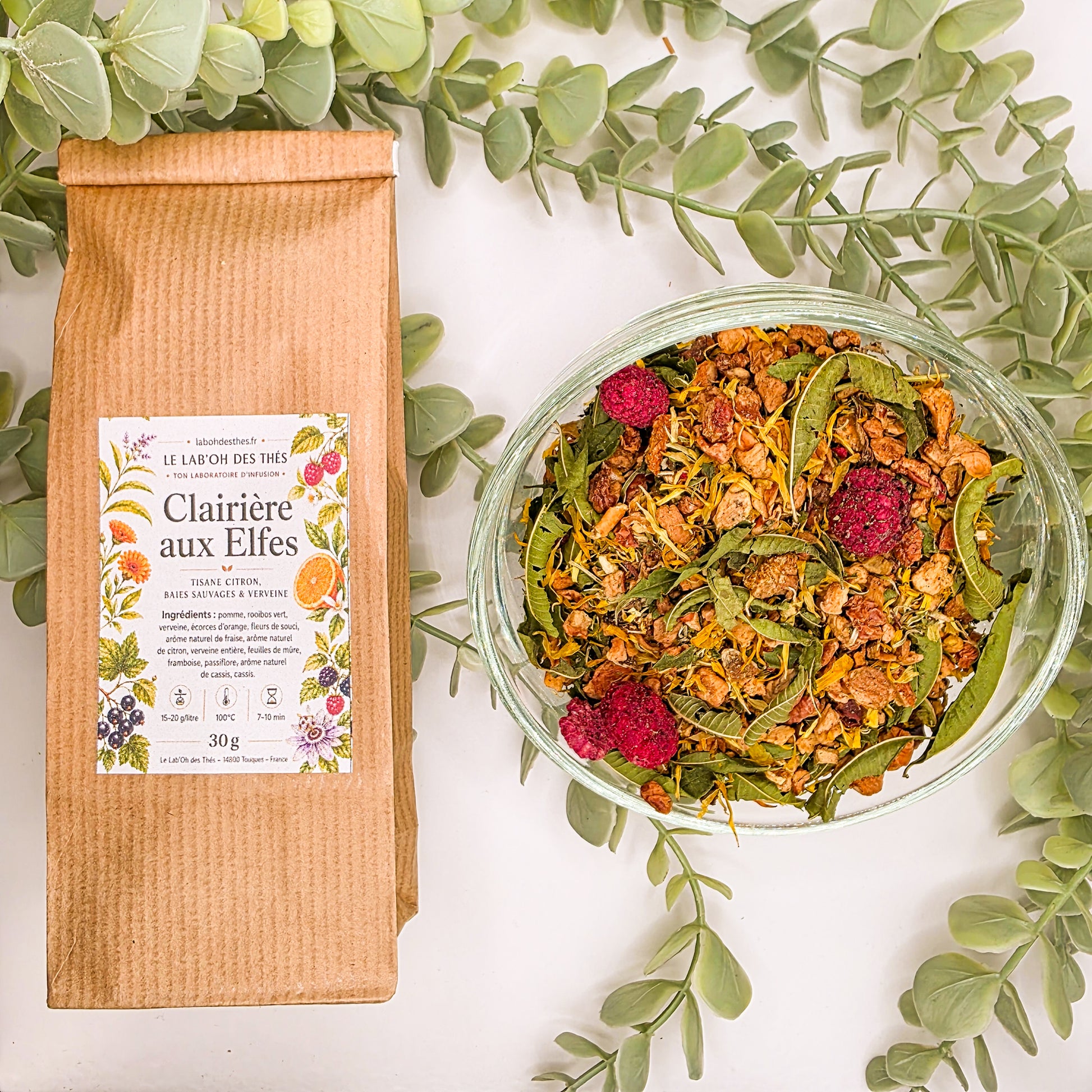 Clairière aux Elfes tisane BIO en sachet et vrac – citron baies sauvages framboise cassis rooibos vert verveine – Le Lab'oh des Thés