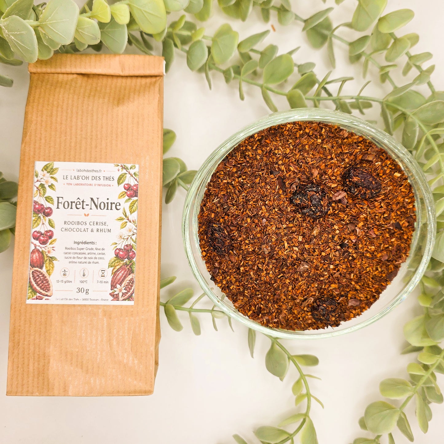 Forêt-Noire rooibos gourmand en sachet et vrac – cerise chocolat fève de cacao arôme rhum sans caféine – Le Lab'oh des Thés
