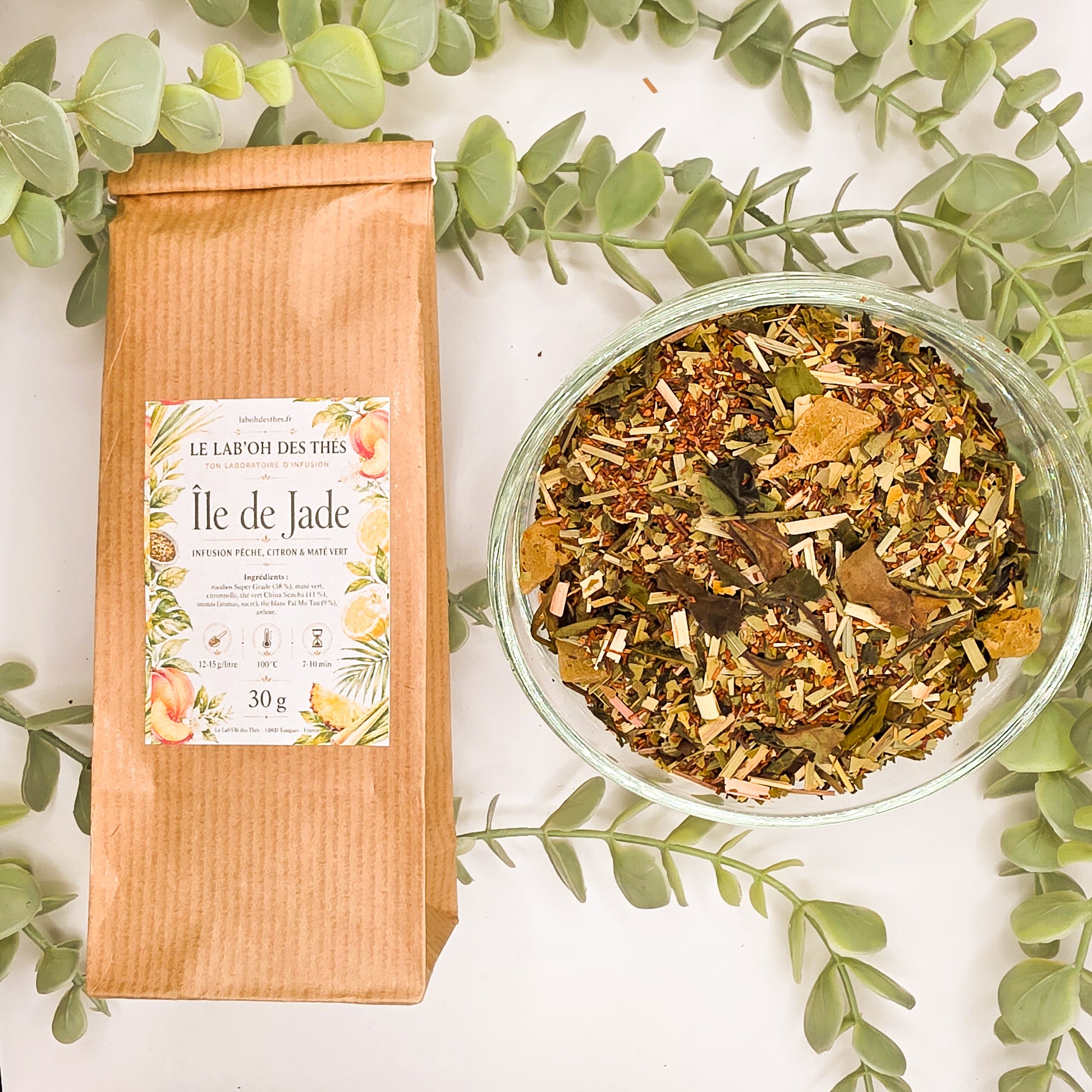 Île de Jade infusion fruitée en sachet et vrac – pêche citron maté vert rooibos citronnelle ananas thé blanc – Le Lab'oh des Thés