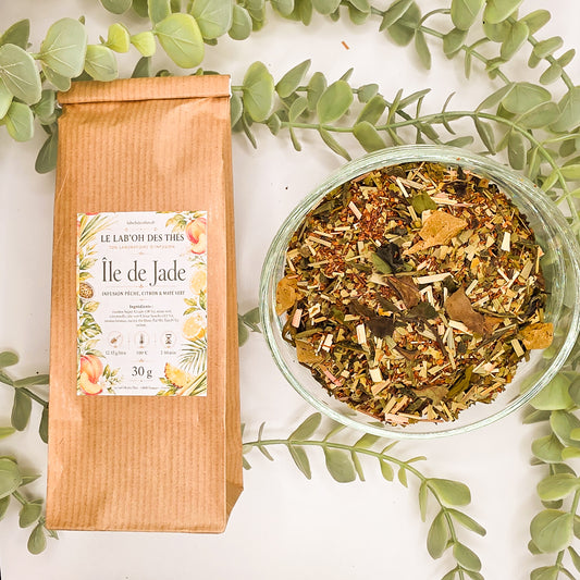 Île de Jade infusion fruitée en sachet et vrac – pêche citron maté vert rooibos citronnelle ananas thé blanc – Le Lab'oh des Thés