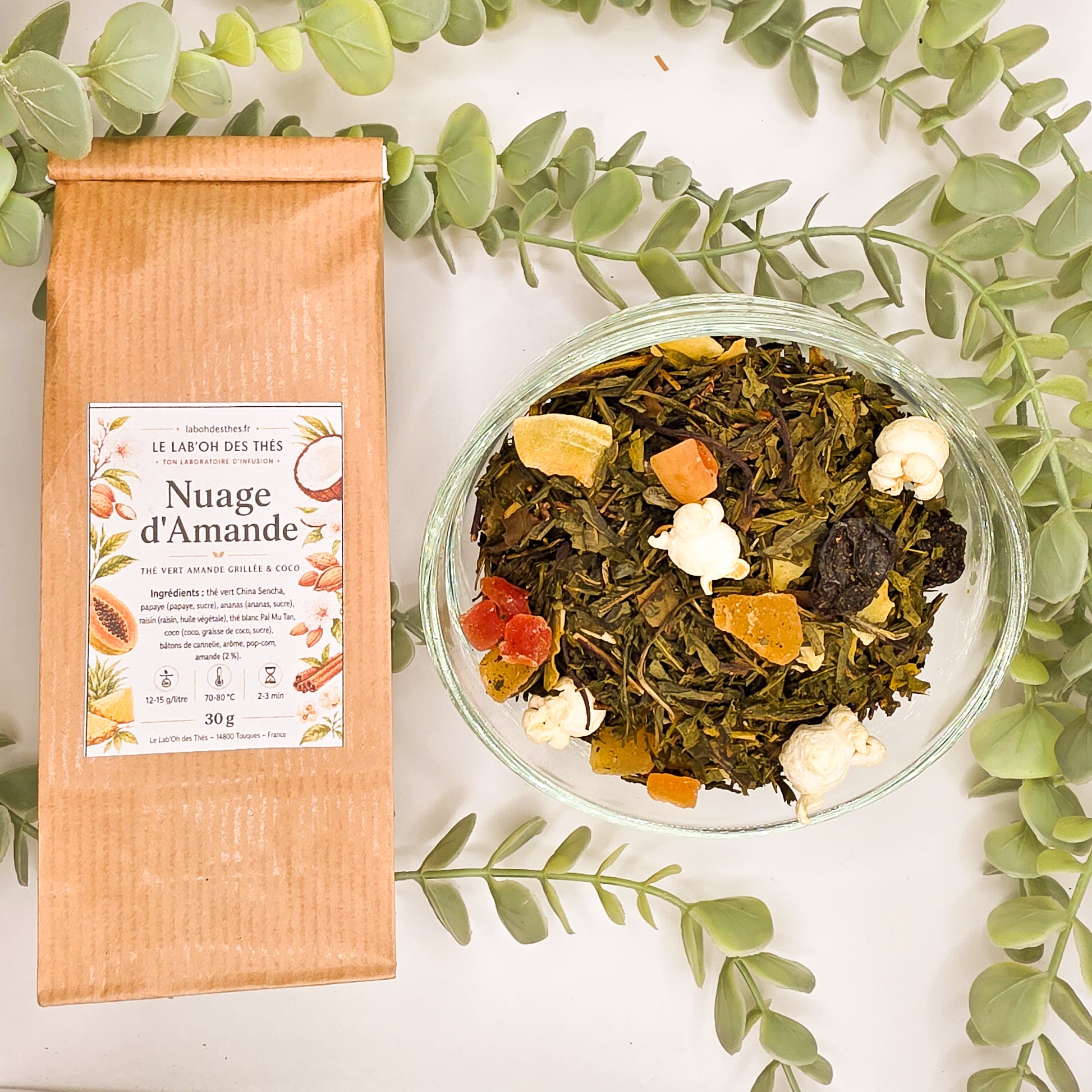 Nuage d'Amande thé vert gourmand en sachet et vrac – amande grillée coco cannelle pop-corn China Sencha thé blanc Pai Mu Tan – Le Lab'oh des Thés