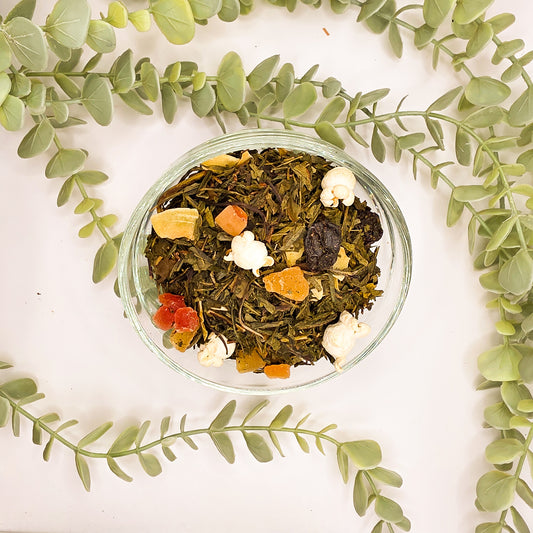 Nuage d'Amande thé vert en vrac – mélange Sencha papaye ananas raisin Pai Mu Tan coco cannelle pop-corn amande – Le Lab'oh des Thés