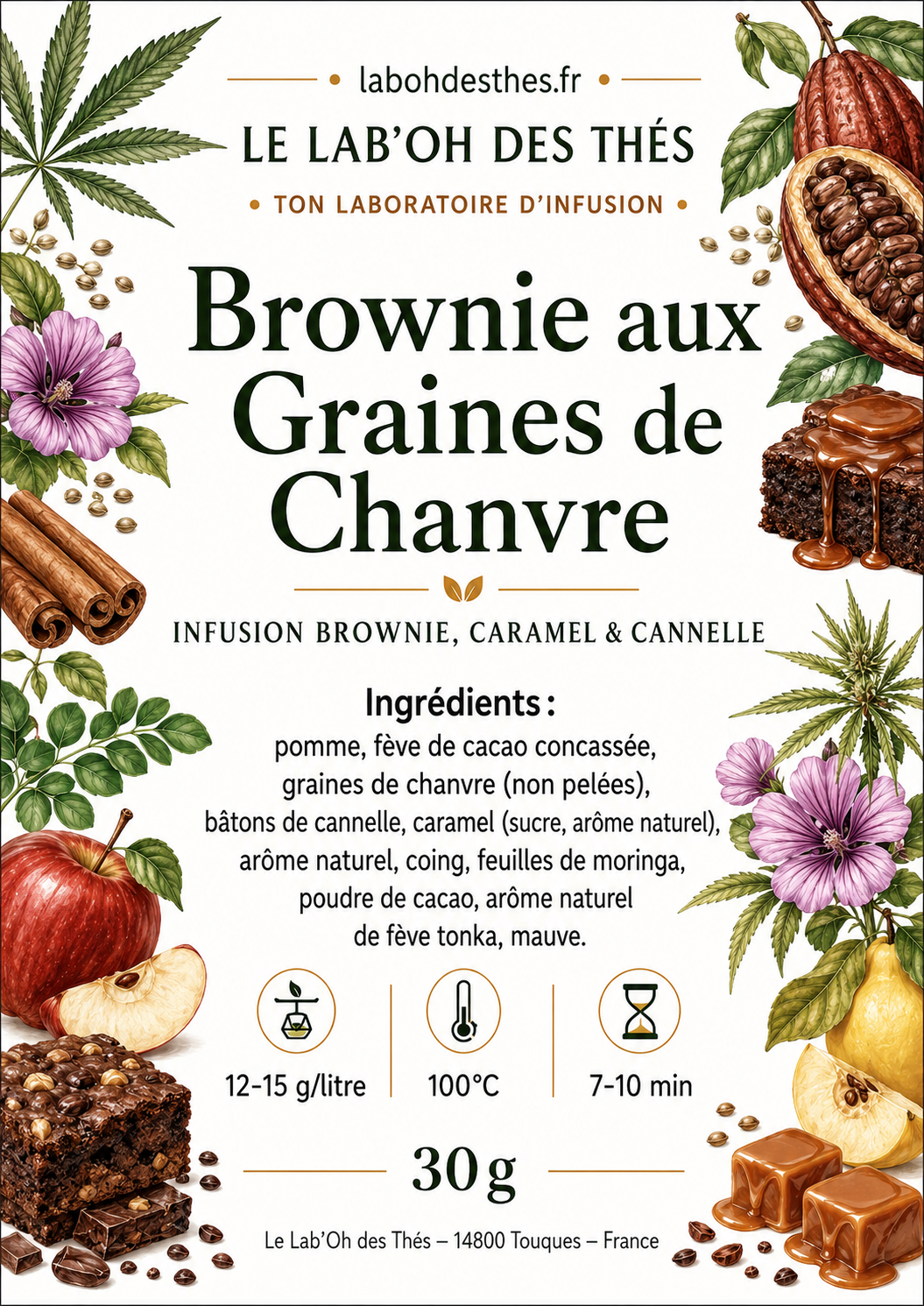 Étiquette Brownie aux Graines de Chanvre – infusion cacao caramel cannelle fève tonka sans caféine – Le Lab'oh des Thés