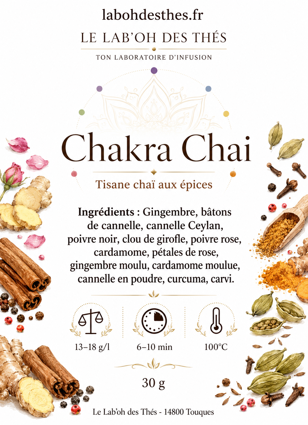  Étiquette Chakra Chaï – tisane épicée gingembre cannelle cardamome clou de girofle sans théine – Le Lab'oh des Thés