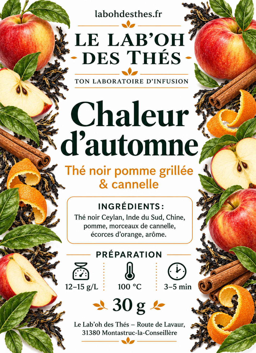Étiquette Chaleur d'Automne – composition thé noir Assam pomme noisette cannelle orange cardamome – Le Lab'oh des Thés
