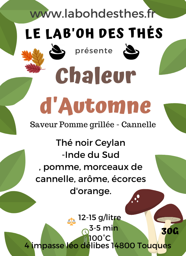 Étiquette Chaleur d'Automne – composition thé noir Assam pomme noisette cannelle orange cardamome – Le Lab'oh des Thés