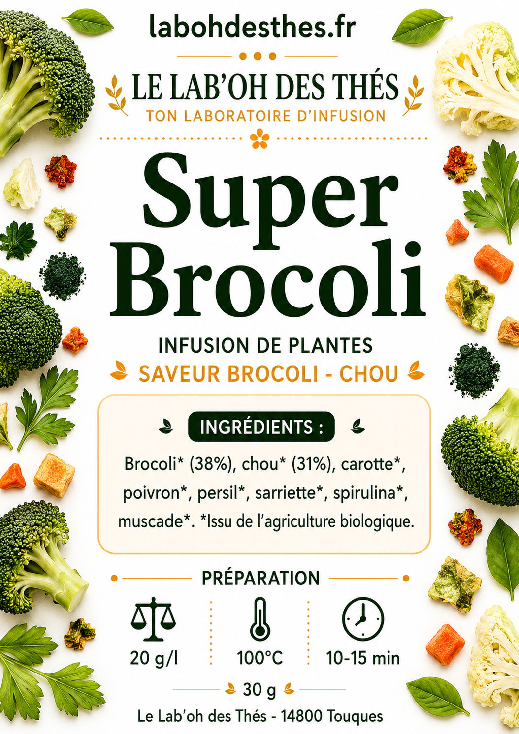 Étiquette Super Brocoli – composition brocoli chou carotte poivron persil sarriette spiruline muscade – Le Lab'oh des Thés 