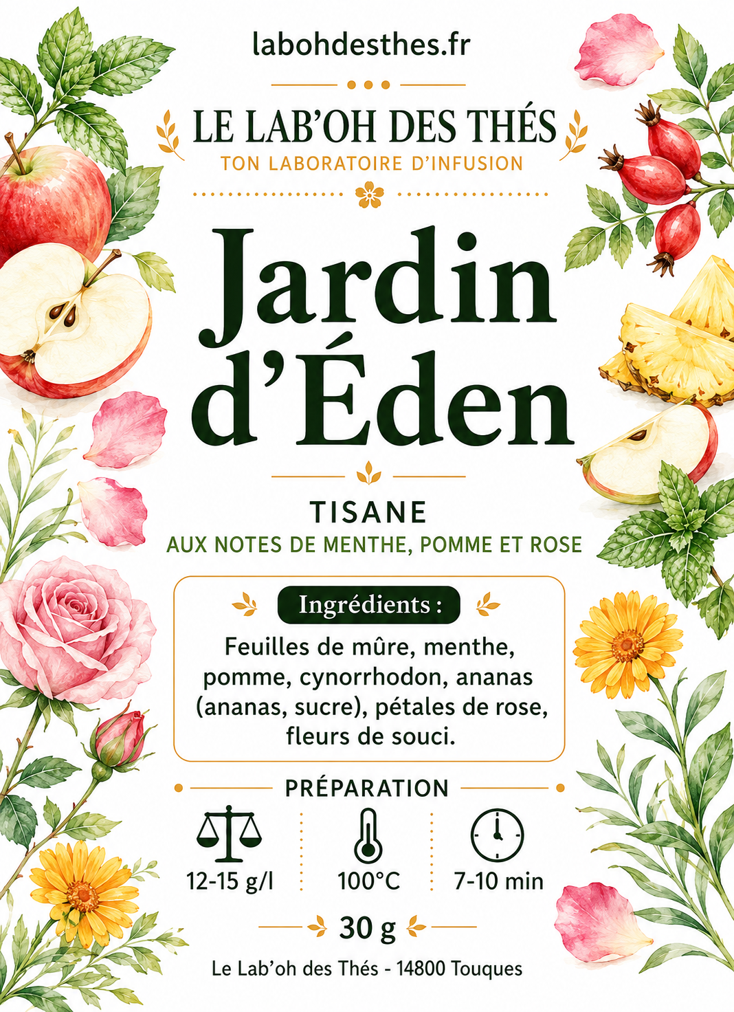 Étiquette Tisane Jardin d'Éden – composition feuilles de mûre menthe pomme ananas cynorrhodon pétales de rose souci – Le Lab'oh des Thés