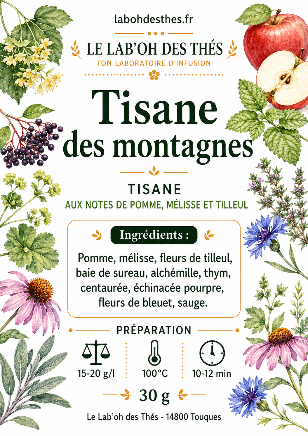 Étiquette Tisane des Montagnes – composition pomme mélisse tilleul sureau alchémille thym centaurée échinée bleuet sauge – Le Lab'oh des Thés