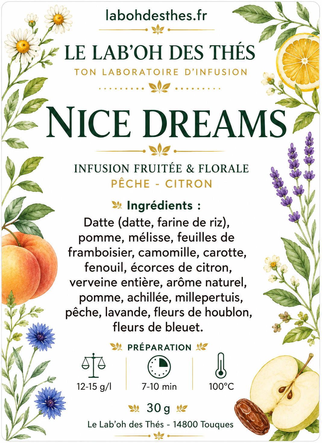 Étiquette Tisane Nice Dreams – composition datte pomme camomille mélisse houblon lavande verveine millepertuis pêche bleuet – Le Lab'oh des Thés