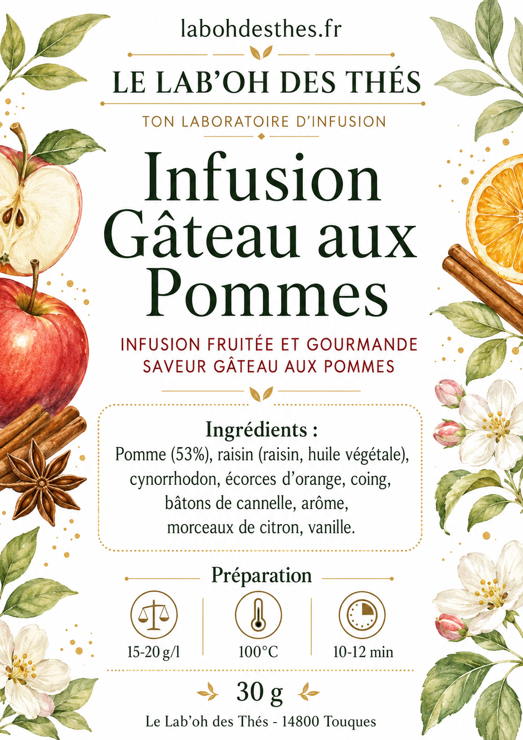 Étiquette Infusion Gâteau aux Pommes – composition pomme raisin cynorrhodon orange coing cannelle vanille citron – Le Lab'oh des Thés