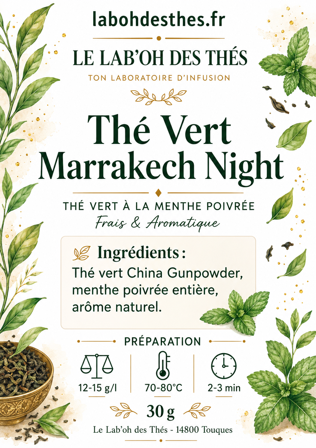   Étiquette Thé Vert Marrakech Night – composition Gunpowder menthe poivrée arôme naturel – Le Lab'oh des Thés