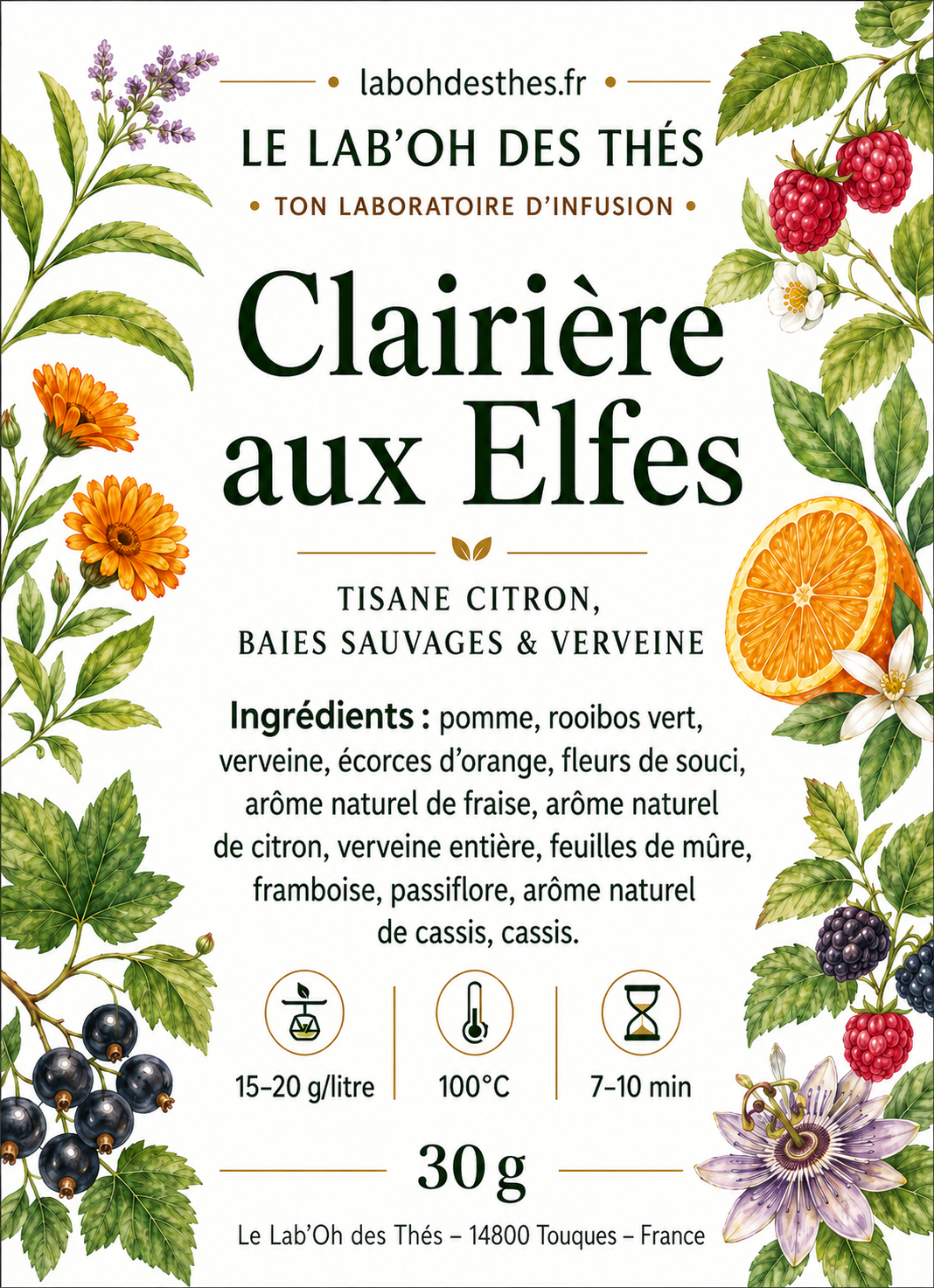 Étiquette Clairière aux Elfes – tisane BIO citron baies sauvages framboise cassis sans caféine – Le Lab'oh des Thés