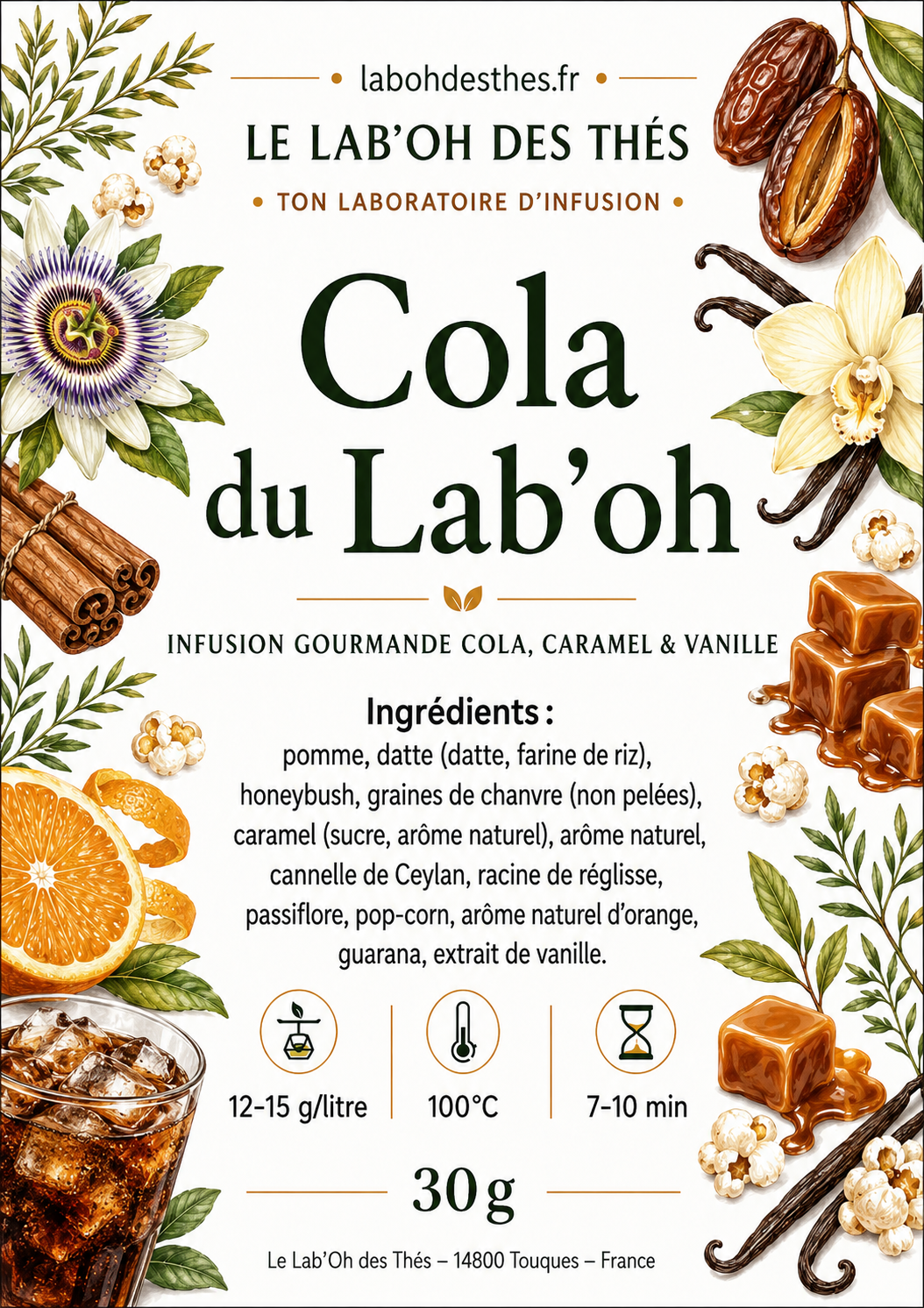 Étiquette Cola du Lab'oh – infusion cola caramel vanille pop-corn sans théine – Le Lab'oh des Thés