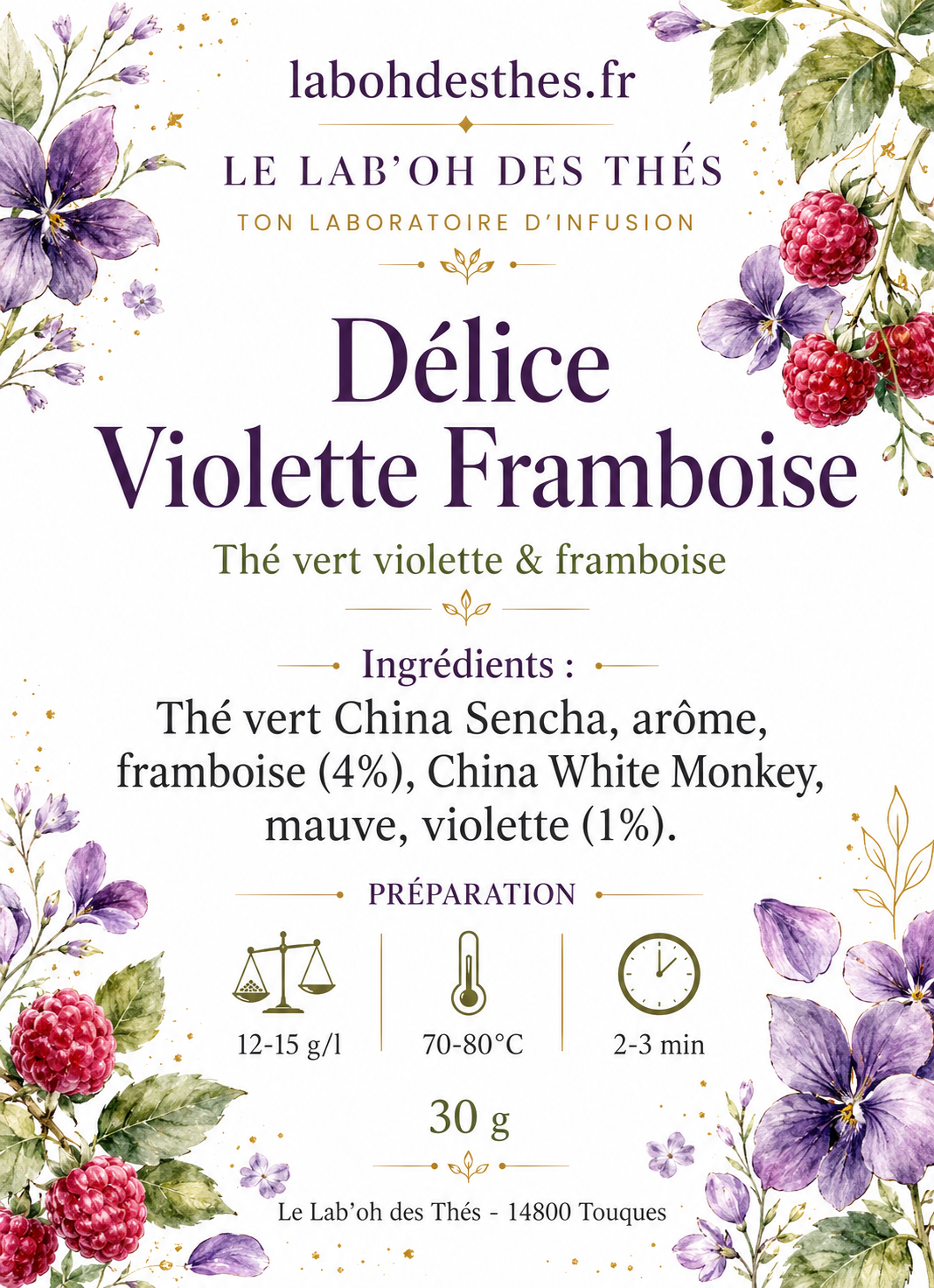 Étiquette Thé Vert Délice Violette-Framboise – composition Sencha framboise violette mauve arôme naturel – Le Lab'oh des Thés