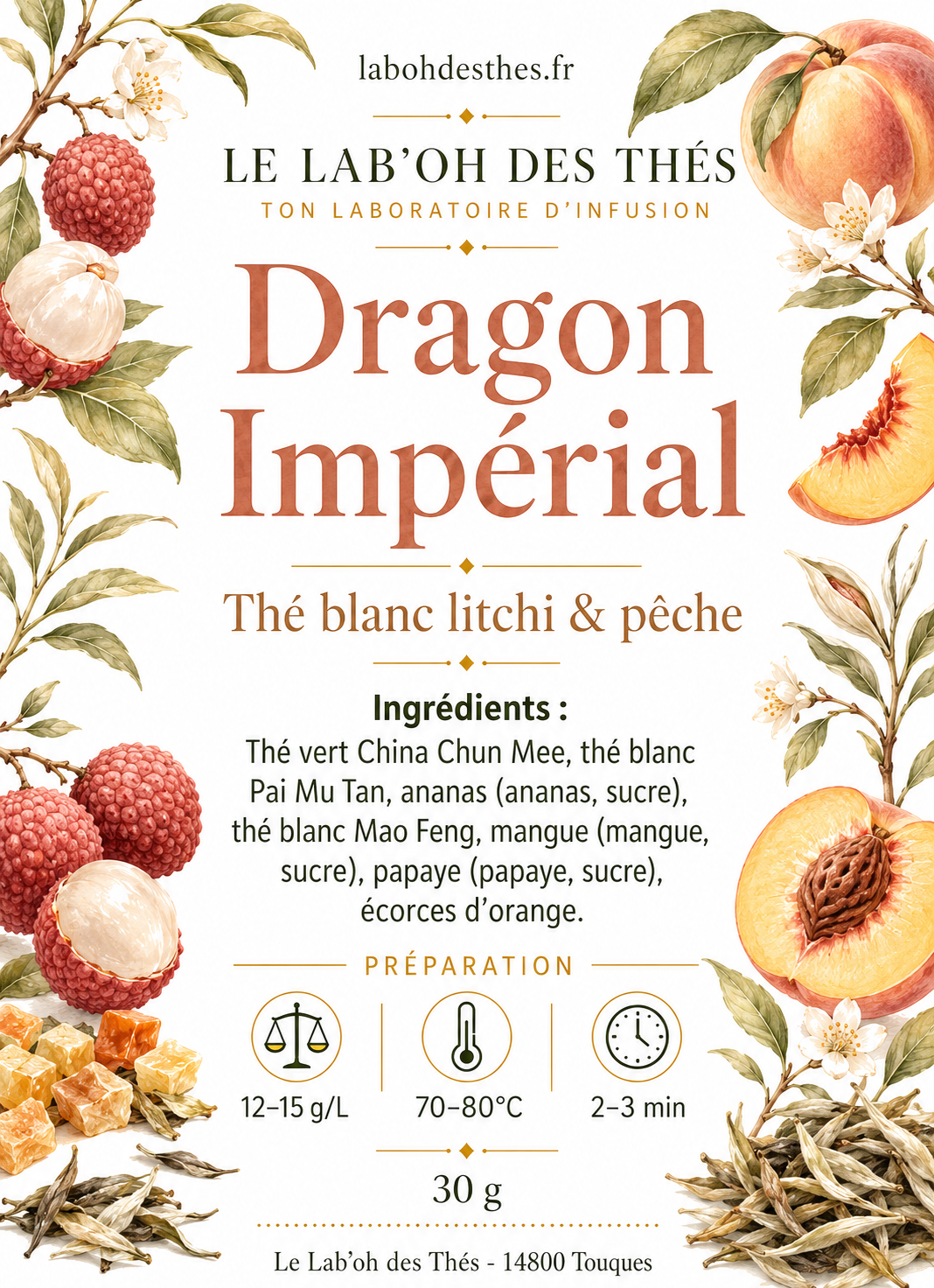Étiquette Dragon Impérial – composition thé vert Chun Mee thé blanc Pai Mu Tan jasmin Dragon Pearls fruits – Le Lab'oh des Thés