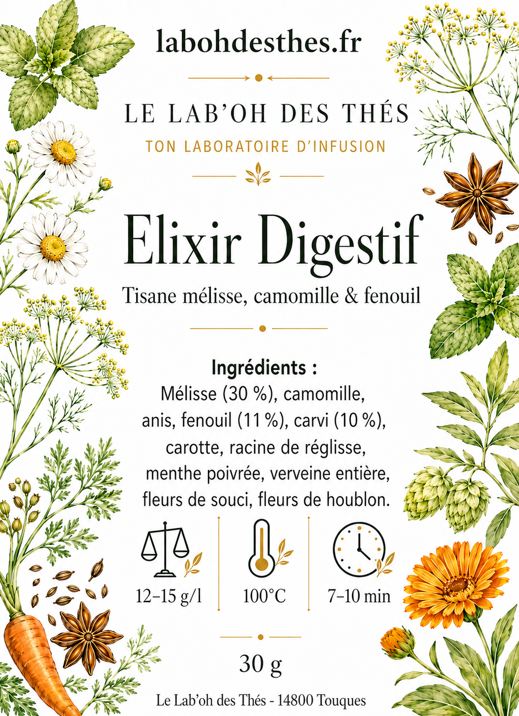 Étiquette Infusion Elixir Digestif – composition mélisse camomille anis fenouil carvi réglisse – Le Lab'oh des Thés