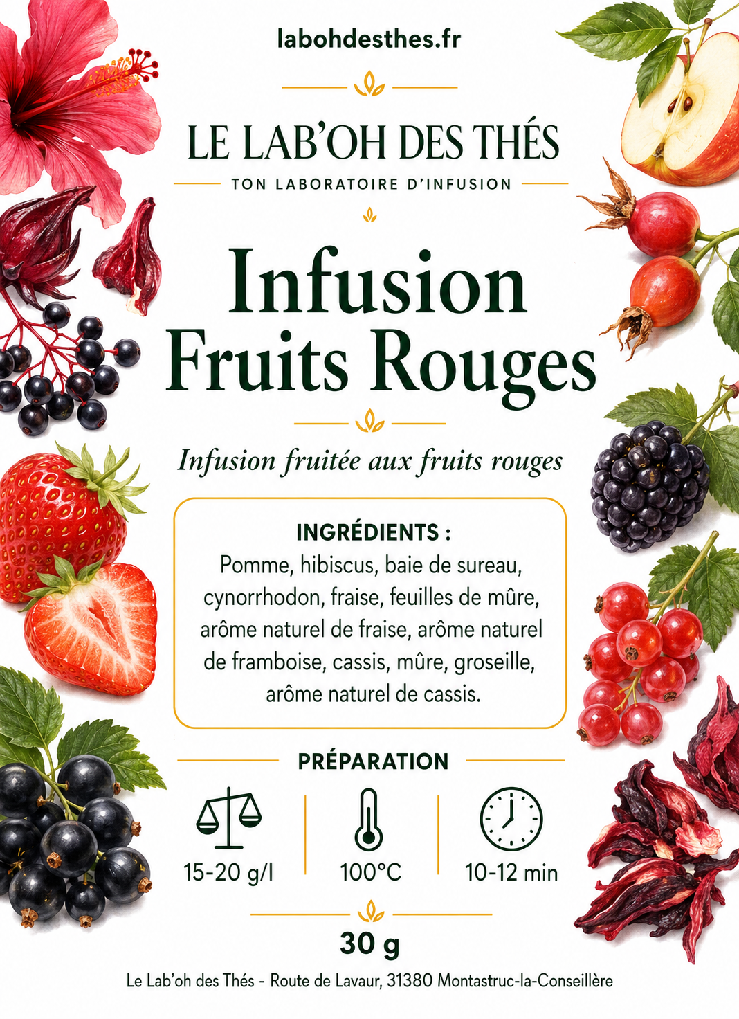 Etiquette Mélange Infusion Fruits Rouges en vrac – fraise mûre cassis groseille hibiscus cynorrhodon pomme baie de sureau – Le Lab'oh des Thés