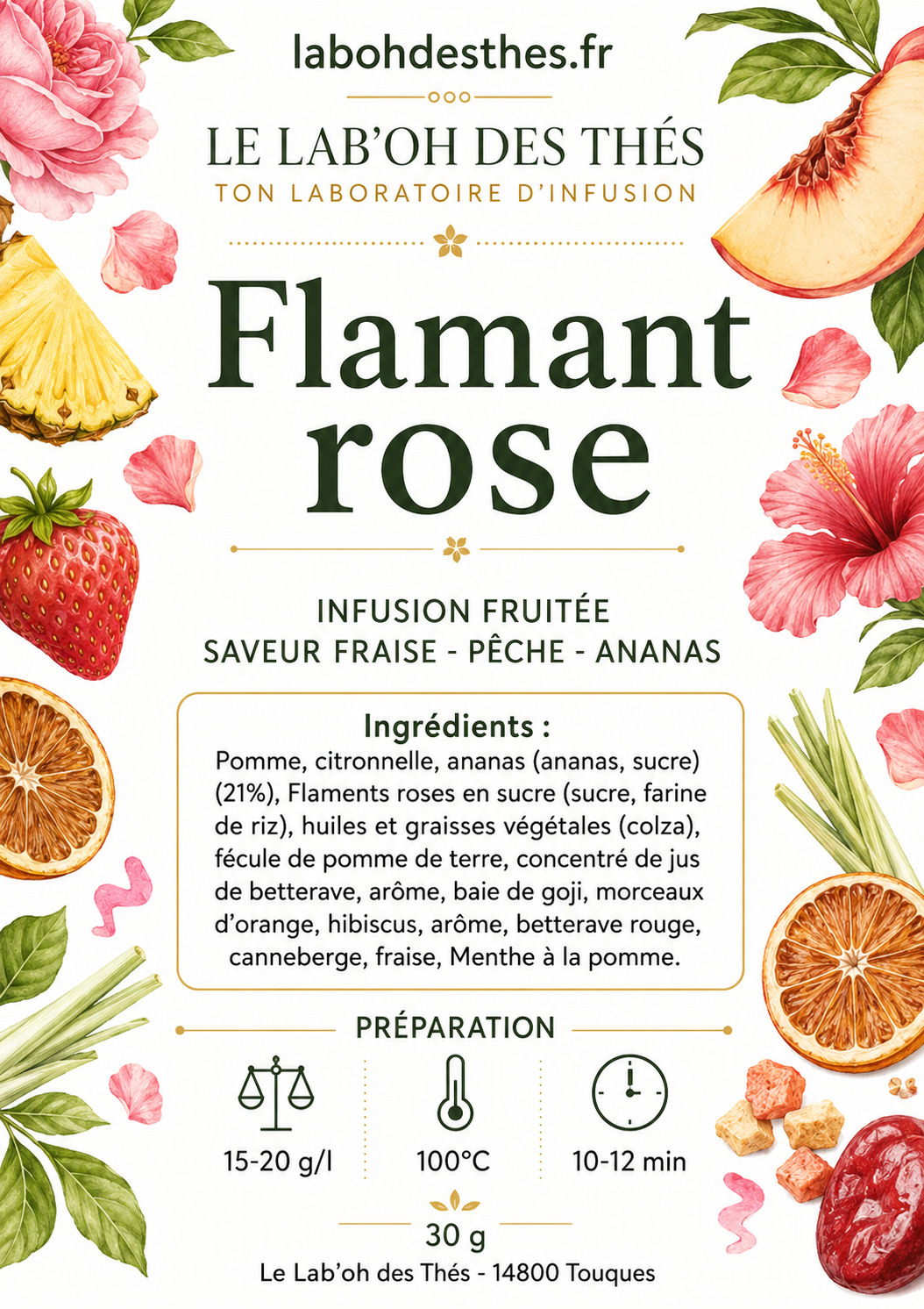 Étiquette Infusion Flamant Rose – composition pomme citronnelle ananas fraise hibiscus goji canneberge menthe orange – Le Lab'oh des Thés