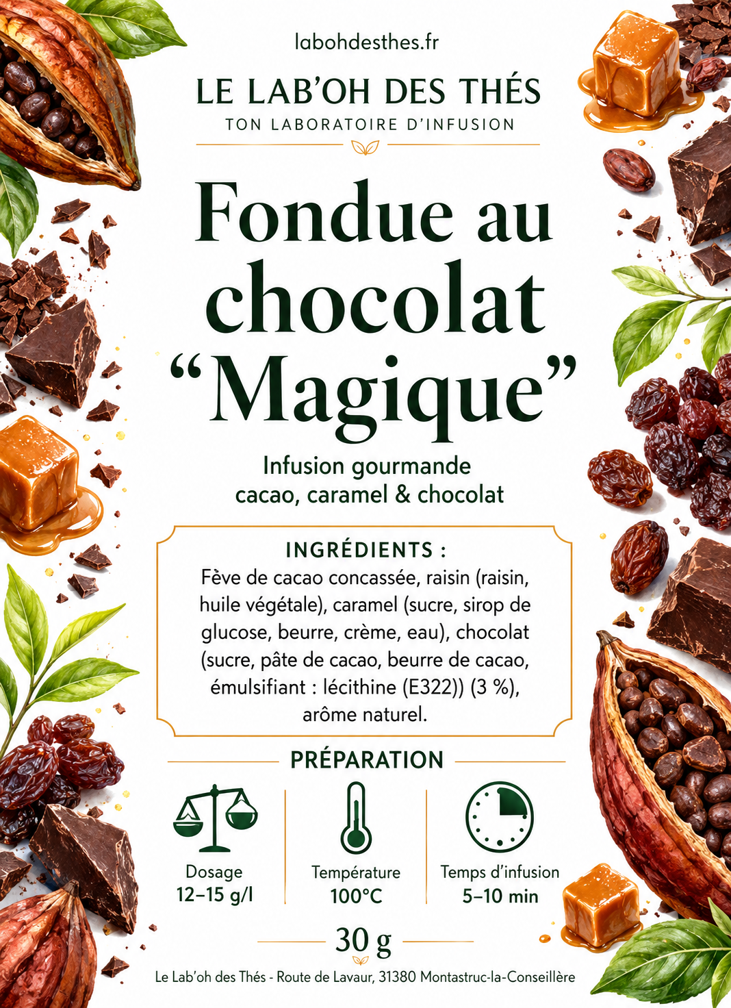 Infusion, gourmande, cacao, caramel et chocolat, fondue au chocolat magique du Lab'oh des thés