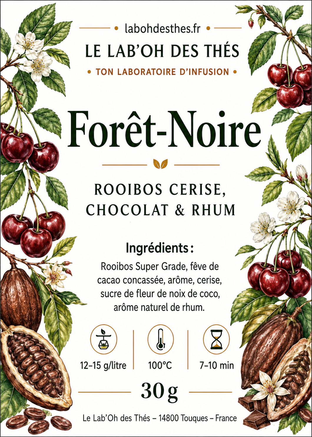 Étiquette Forêt-Noire – rooibos cerise chocolat cacao rhum sans caféine – Le Lab'oh des Thés