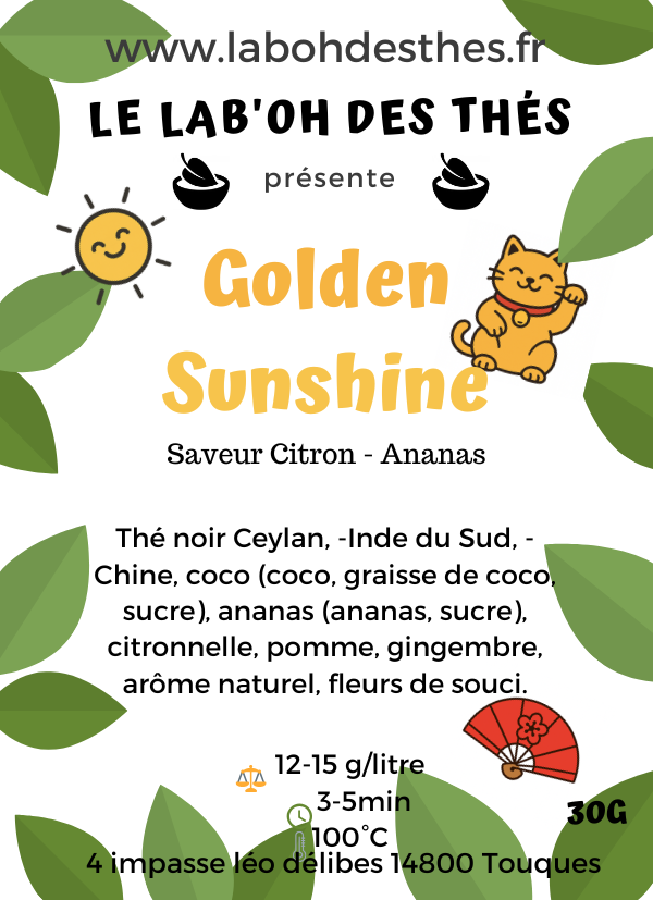 Étiquette Golden Sunshine – composition thé noir ceylan ananas coco citronnelle gingembre fleurs de souci – Le Lab'oh des Thés
