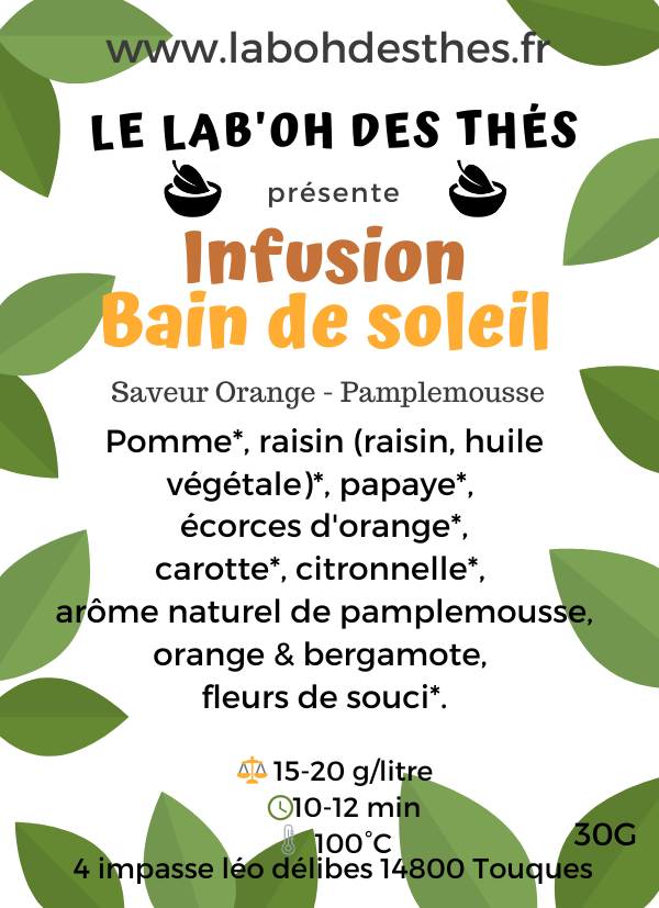 Étiquette Infusion Bain de Soleil - composition pomme raisin papaye orange pamplemousse rafraîchissante