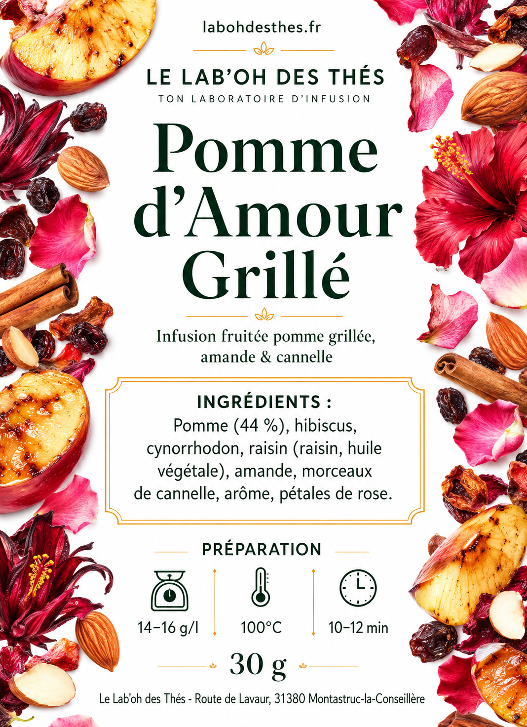 Étiquette Pomme d'Amour Grillé - composition pomme cannelle amande sans théine réconfortante