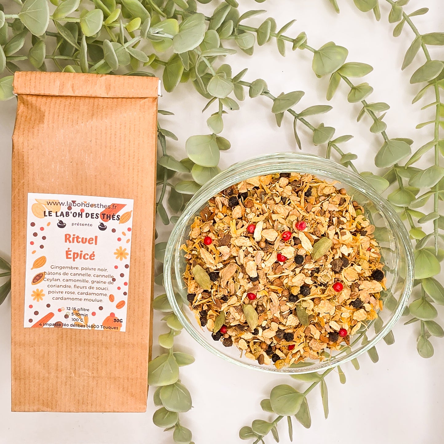 Infusion Rituel Épicé en sachet et vrac – gingembre poivre noir cannelle cannelle de Ceylan camomille coriandre fleurs de souci poivre rose cardamome – Le Lab'oh des Thés