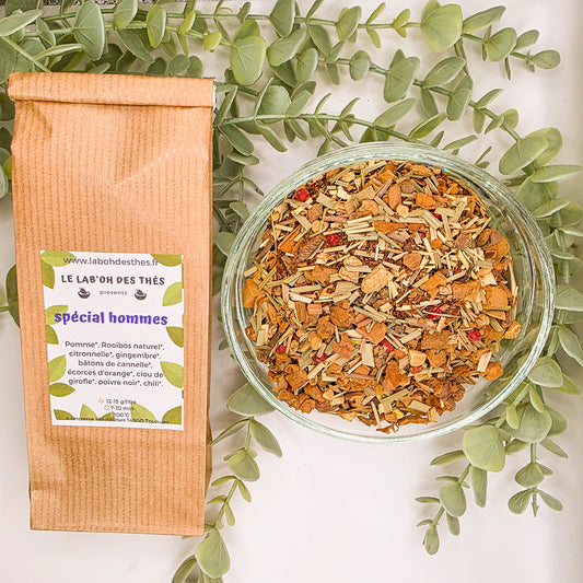 Infusion Spéciale Hommes en sachet et vrac – pomme rooibos citronnelle gingembre cannelle écorces d'orange clou de girofle poivre noir chili – Le Lab'oh des Thés