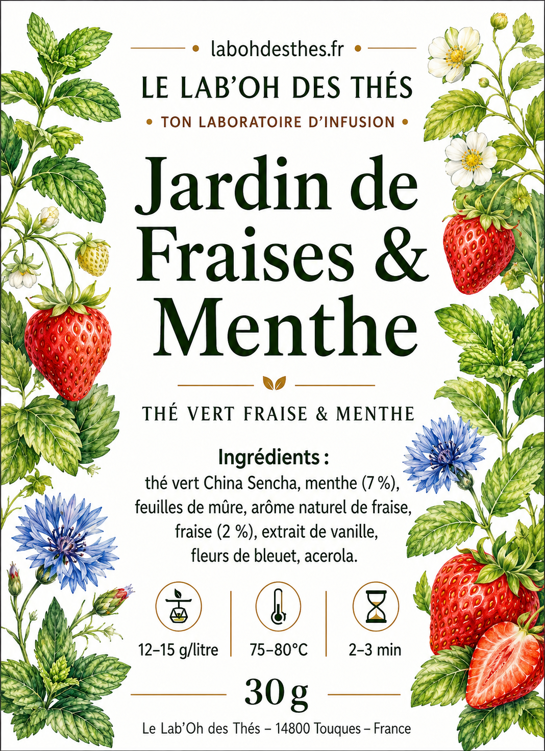 Étiquette Jardin de Fraises & Menthe – thé vert BIO fraise menthe vanille China Sencha – Le Lab'oh des Thés