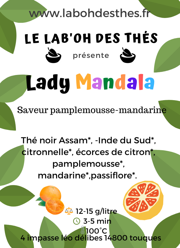Étiquette Lady Mandala 2025 - composition thé noir assam pamplemousse mandarine agrumes