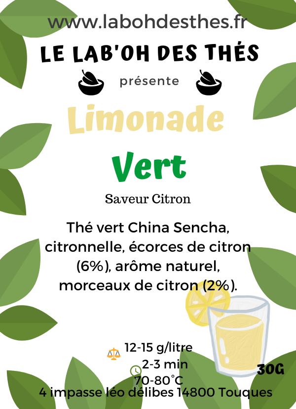 Étiquette Limonade Verte – composition thé vert sencha écorces de citron arôme naturel – Le Lab'oh des Thés