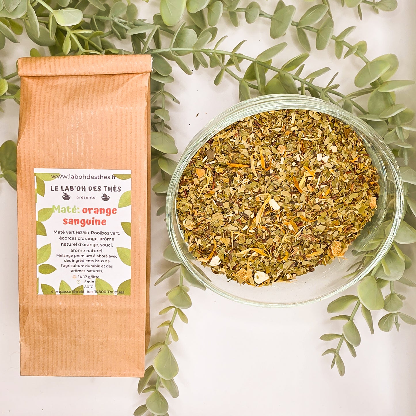 Maté Orange Sanguine en sachet et vrac – maté vert 62% rooibos vert écorces d'orange arôme naturel fleurs de souci – Le Lab'oh des Thés