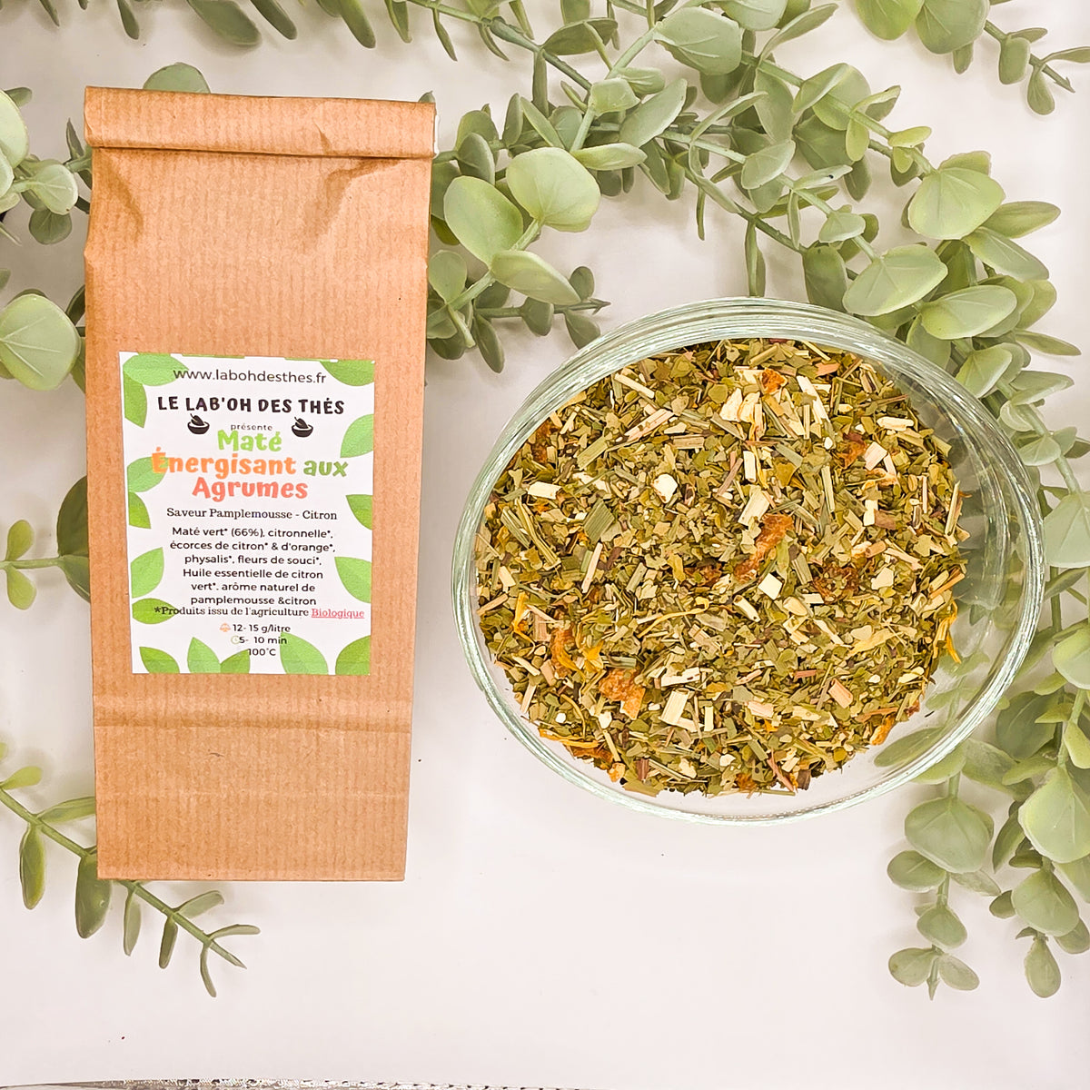 Maté Énergisant aux Agrumes en sachet et vrac – maté vert 66% citronnelle écorces de citron orange physalis arôme pamplemousse fleurs de souci citron vert – Le Lab'oh des Thés
