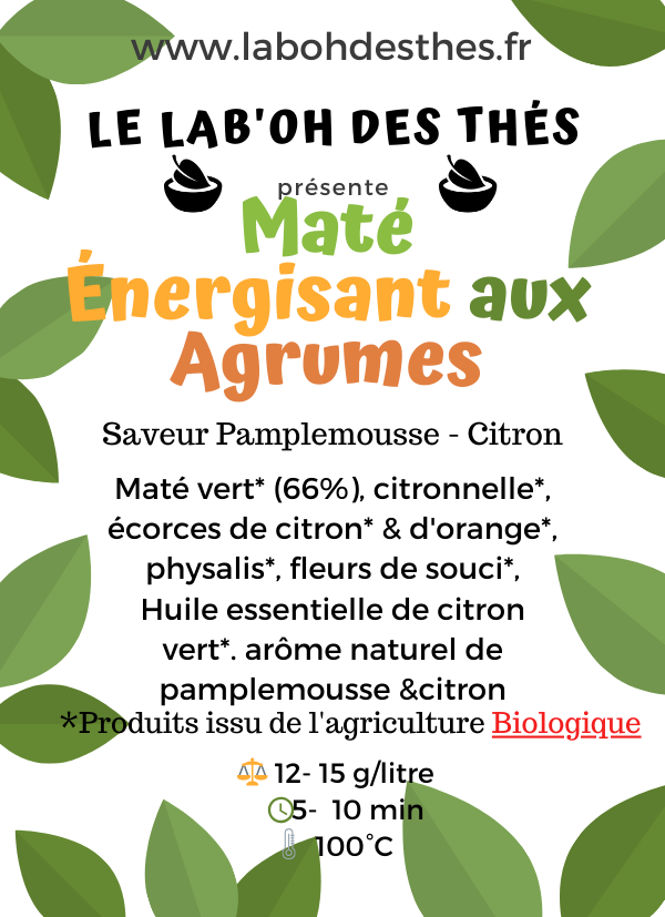 Étiquette Maté Énergisant aux Agrumes bio - composition maté vert citron pamplemousse orange